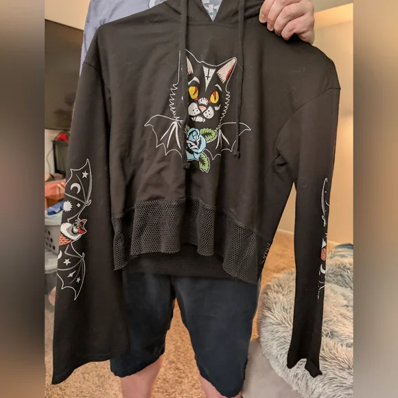 Black Cat Graphic Hoodie with Mesh Hem - Picture 2 of 4